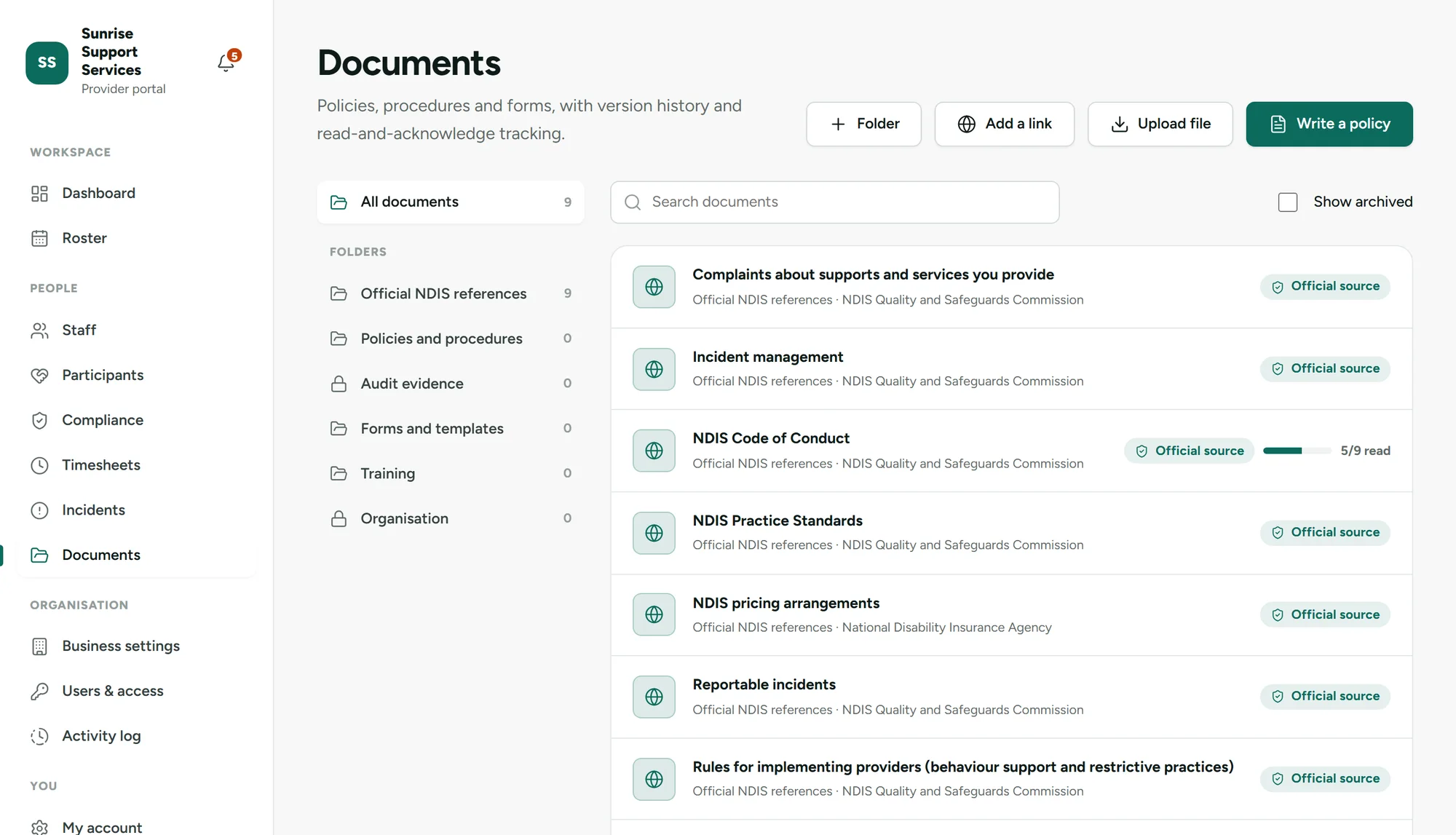 The KinLoom document library showing official NDIS Commission references and how many staff have read the Code of Conduct