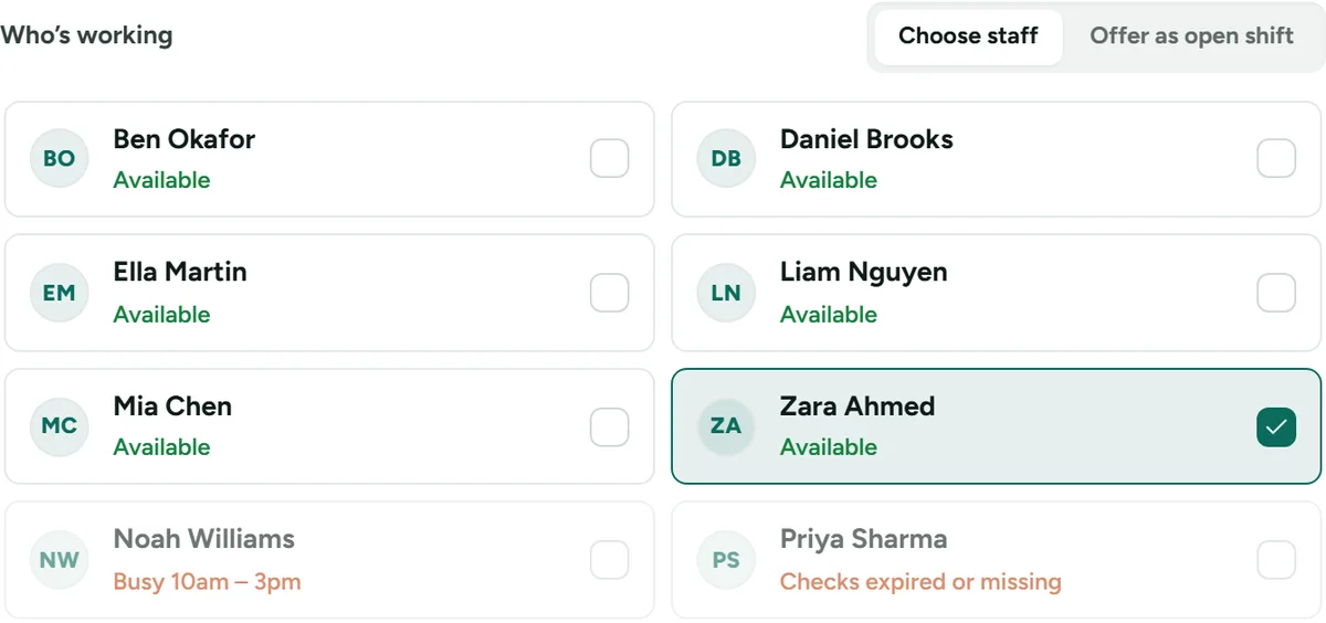 Choosing staff for a shift in KinLoom: available workers, one busy on another shift and one whose checks have expired