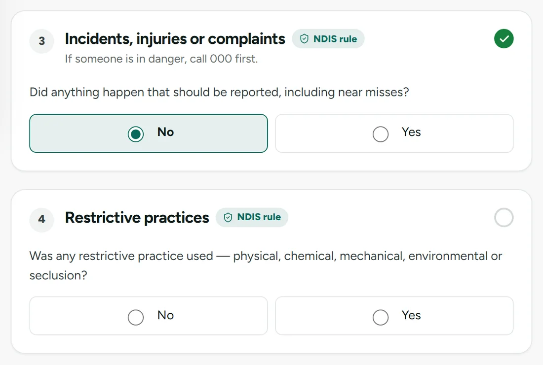 End-of-shift checks in the KinLoom staff app: incidents answered, restrictive practices still to answer before the shift can end