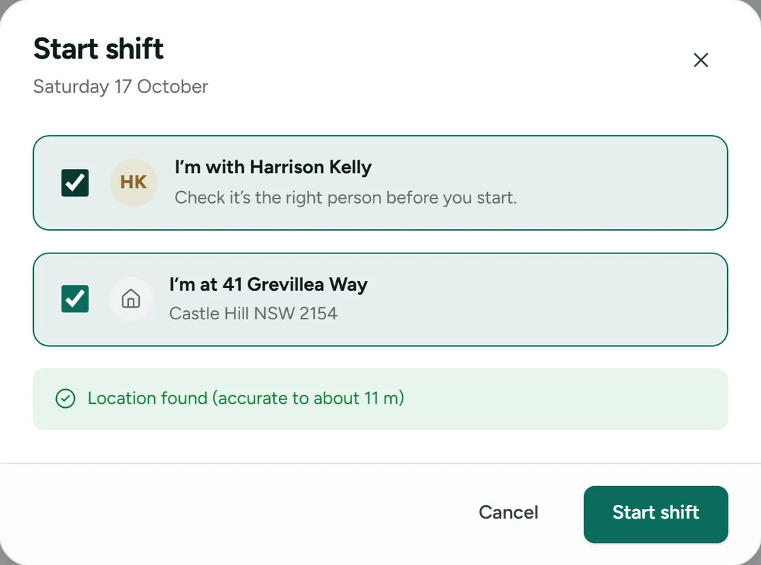 Starting a shift in the KinLoom staff app: the worker confirms they are with Harrison Kelly at his address and their location is found