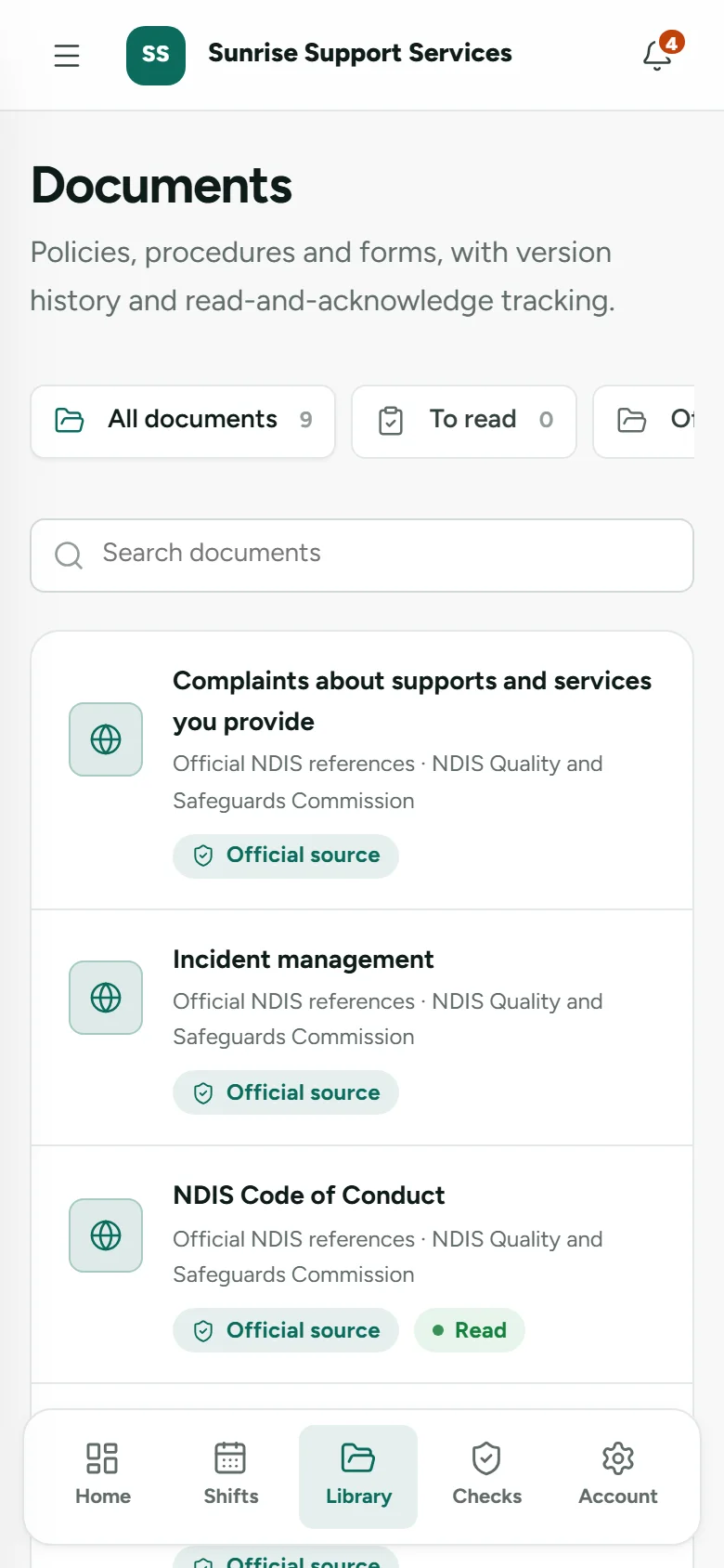 A support worker’s phone showing documents to read